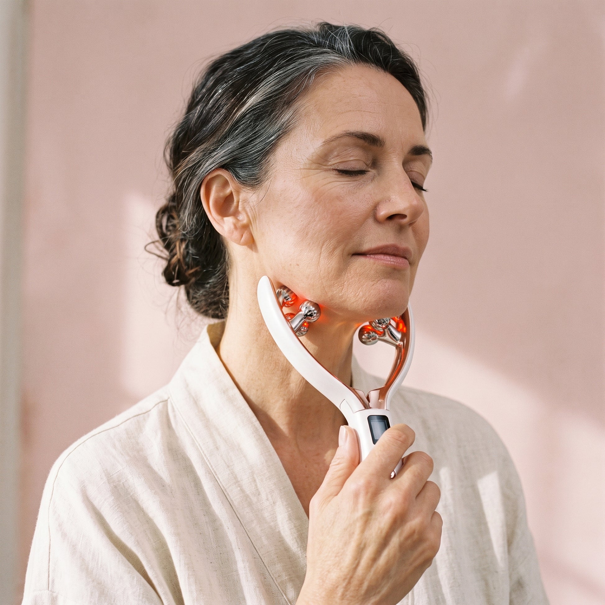 Woman using the Lumiglo Sculpt massager along her jawline